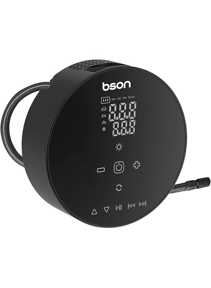 مضخة هواء محمولة 4 في 1 مع مكبر صوت بلوتوث و LED، مضخة هواء سريعة للسيارات والدراجات، مضخة طوارئ قابلة لإعادة الشحن، مثالية للسفر، التخييم، على جانب الطريق، والمغامرات الخارجية